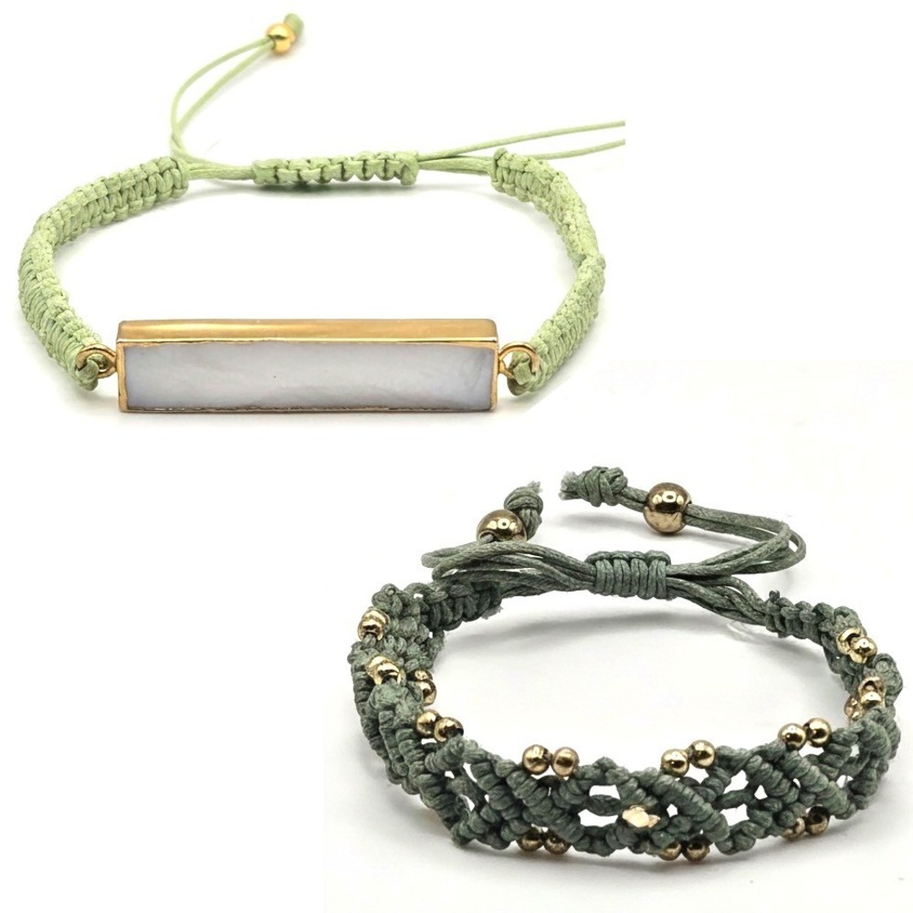 Set of 2 Macrame Cord Bracelets Sage‎ Green Agate Bar Gold Bead Adjustable Woven